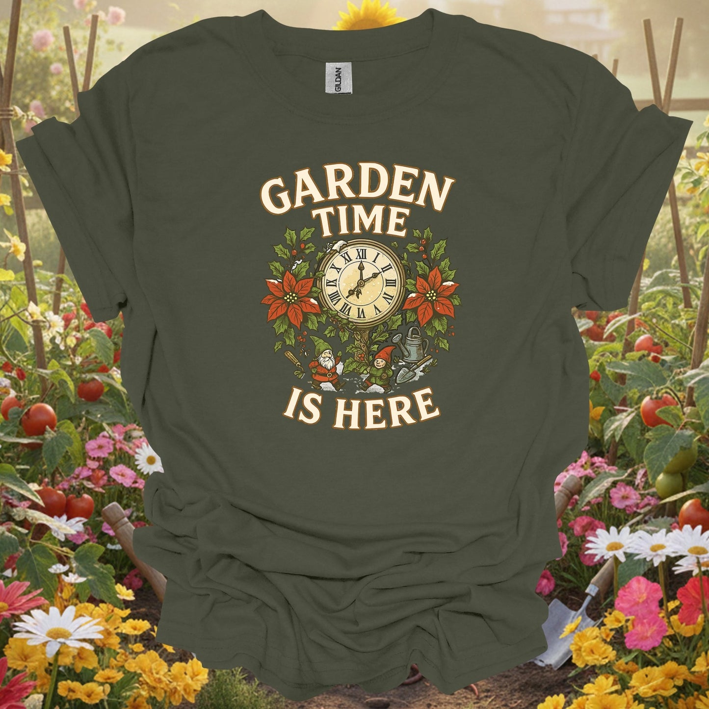 "Garden Time Is Here" Christmas Gnome T-Shirt - GardeningTshirts