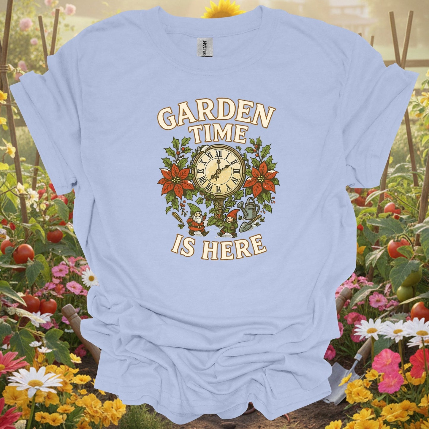 "Garden Time Is Here" Christmas Gnome T-Shirt - GardeningTshirts