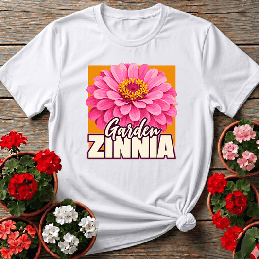 White vintage floral zinnia shirt with warm amber block typography for cutting garden lovers