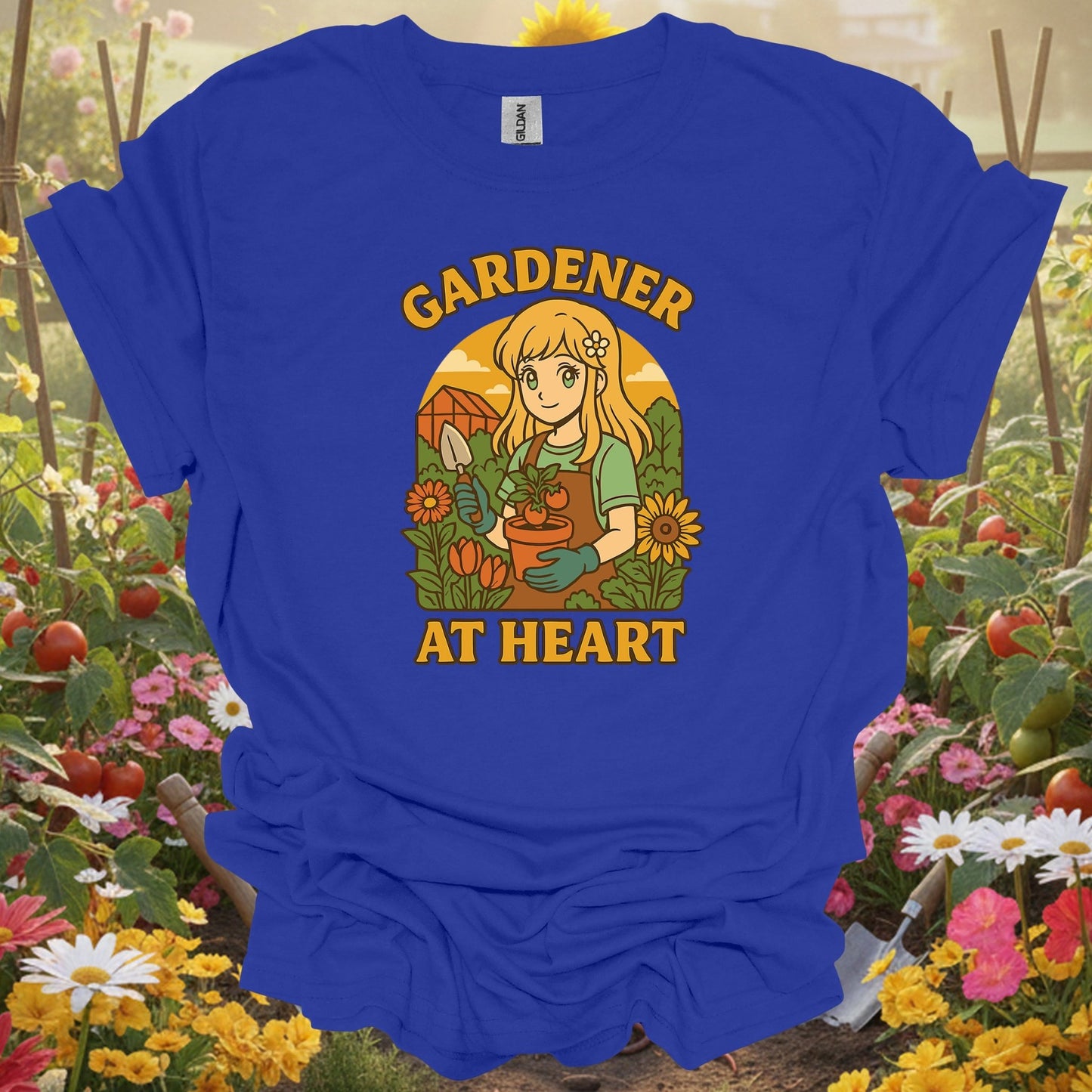 Royal tshirt showing gardener at heart anime wholesome plant lover for backyard growers
