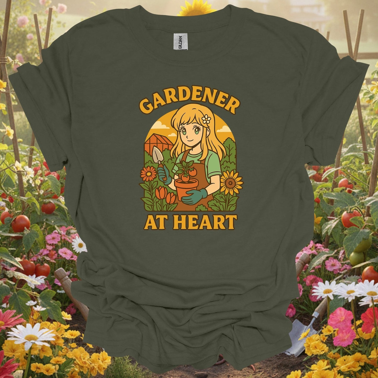 Military Green top showing gardener at heart anime wholesome plant lover for nature lovers