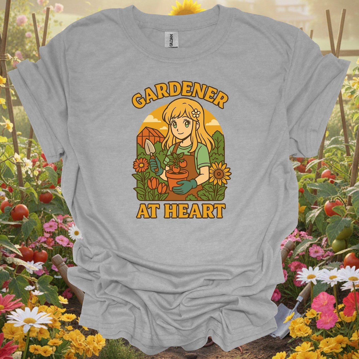 Sport Grey tee showing gardener at heart anime wholesome plant lover for garden hobbyists