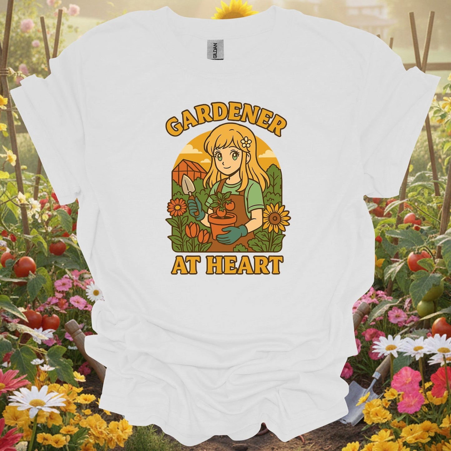 White tshirt showing gardener at heart anime wholesome plant lover for gardening enthusiasts