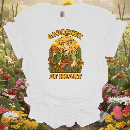 White tshirt showing gardener at heart anime wholesome plant lover for gardening enthusiasts