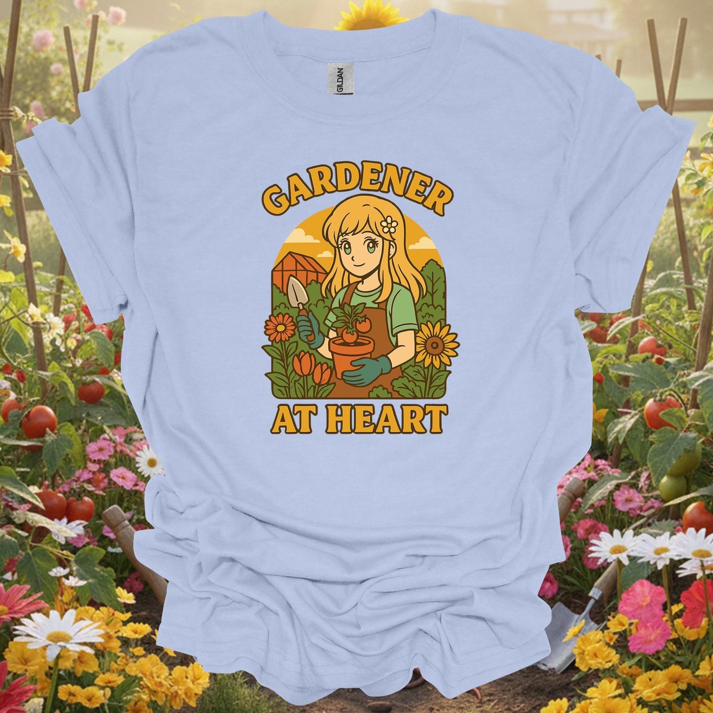 Light Blue shirt showing gardener at heart anime wholesome plant lover for home gardeners