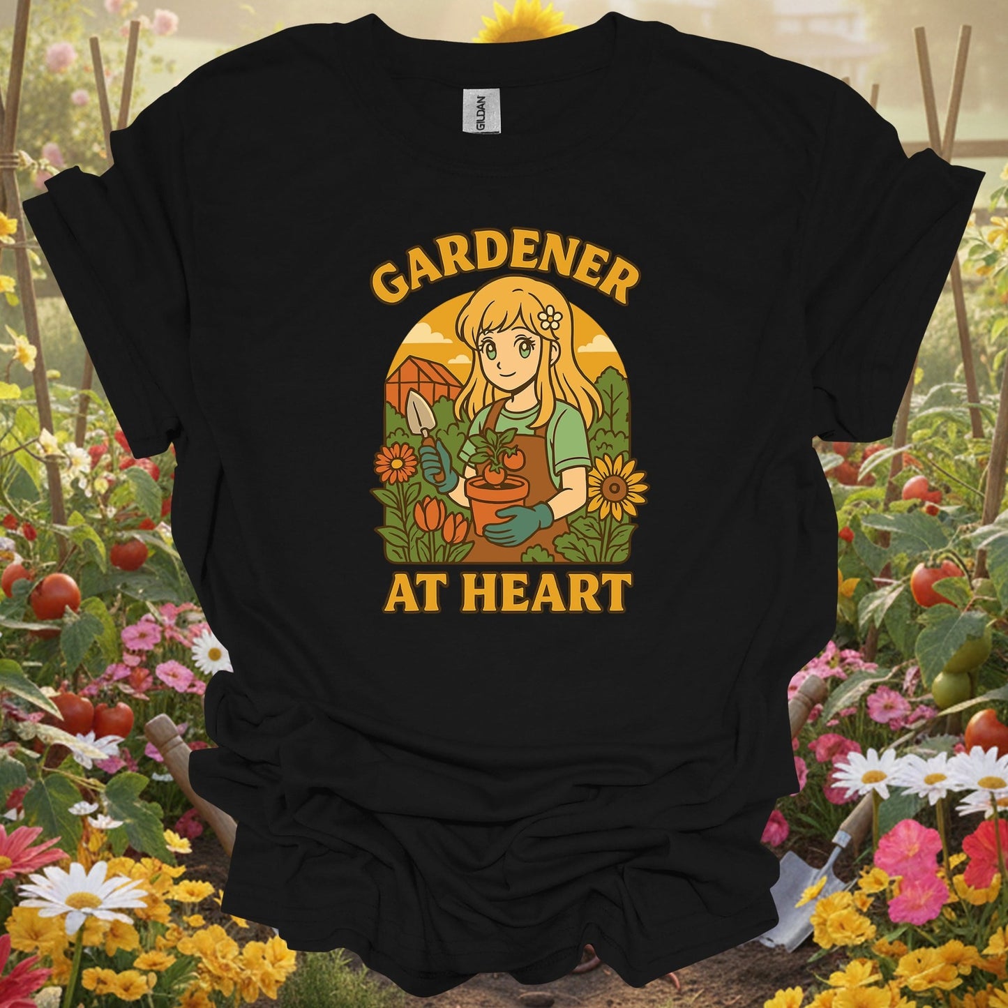 Black shirt showing gardener at heart anime wholesome plant lover for outdoor enthusiasts