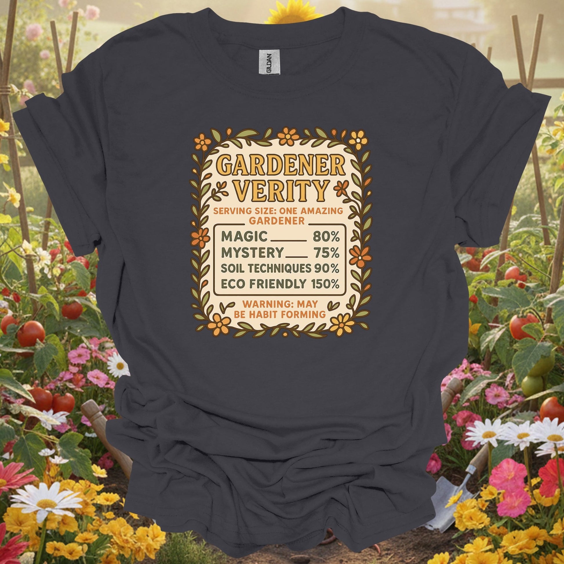 Charcoal tee showing gardener verity humorous gardener for plant lovers