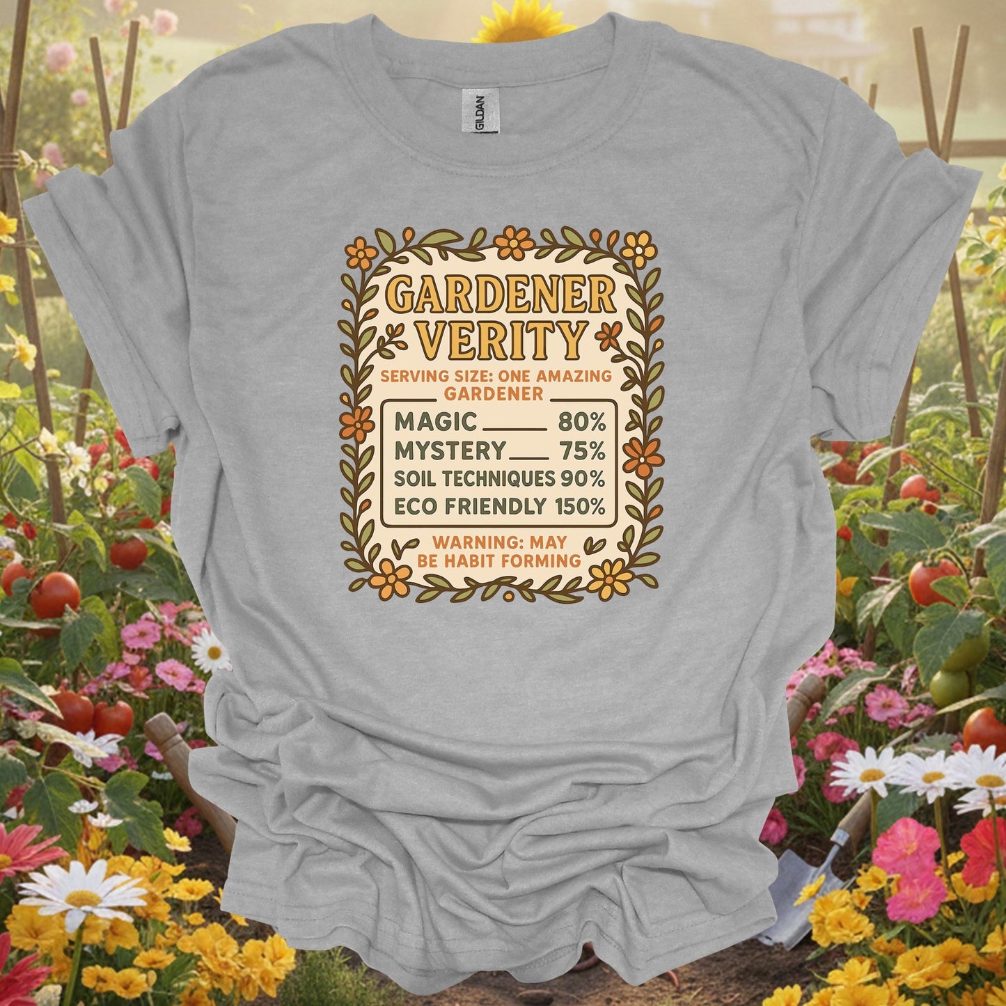 Sport Grey tee showing gardener verity humorous gardener for garden hobbyists