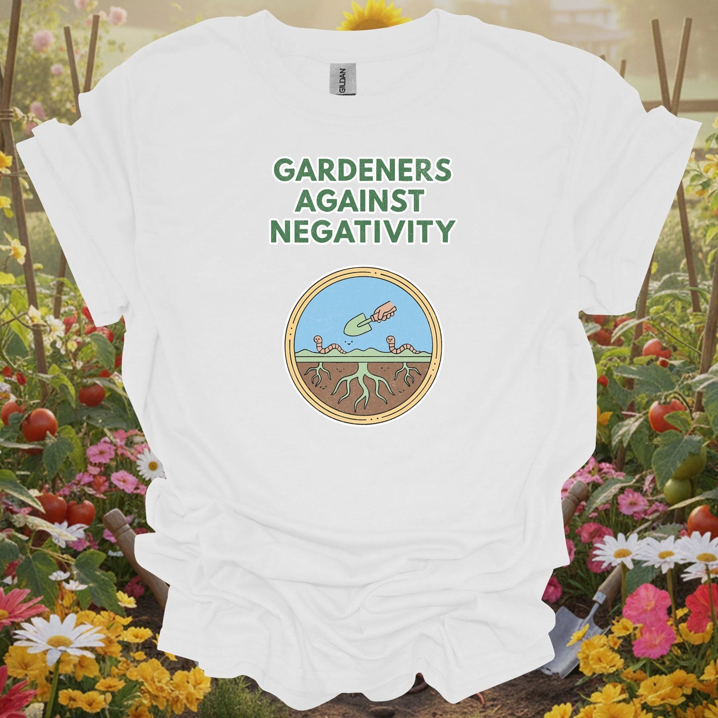 White tee showing gardeners against negativity funny worm for garden hobbyists