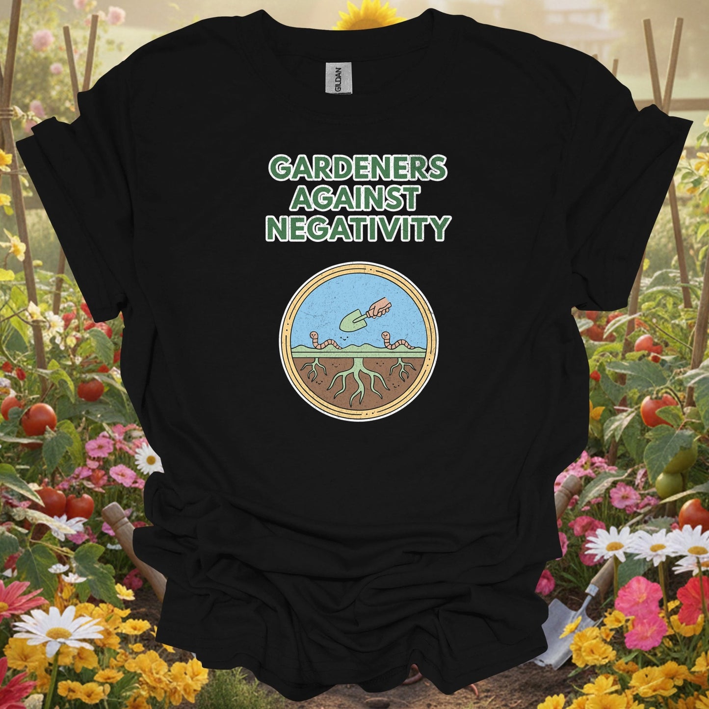 Black shirt showing gardeners against negativity funny worm for outdoor enthusiasts