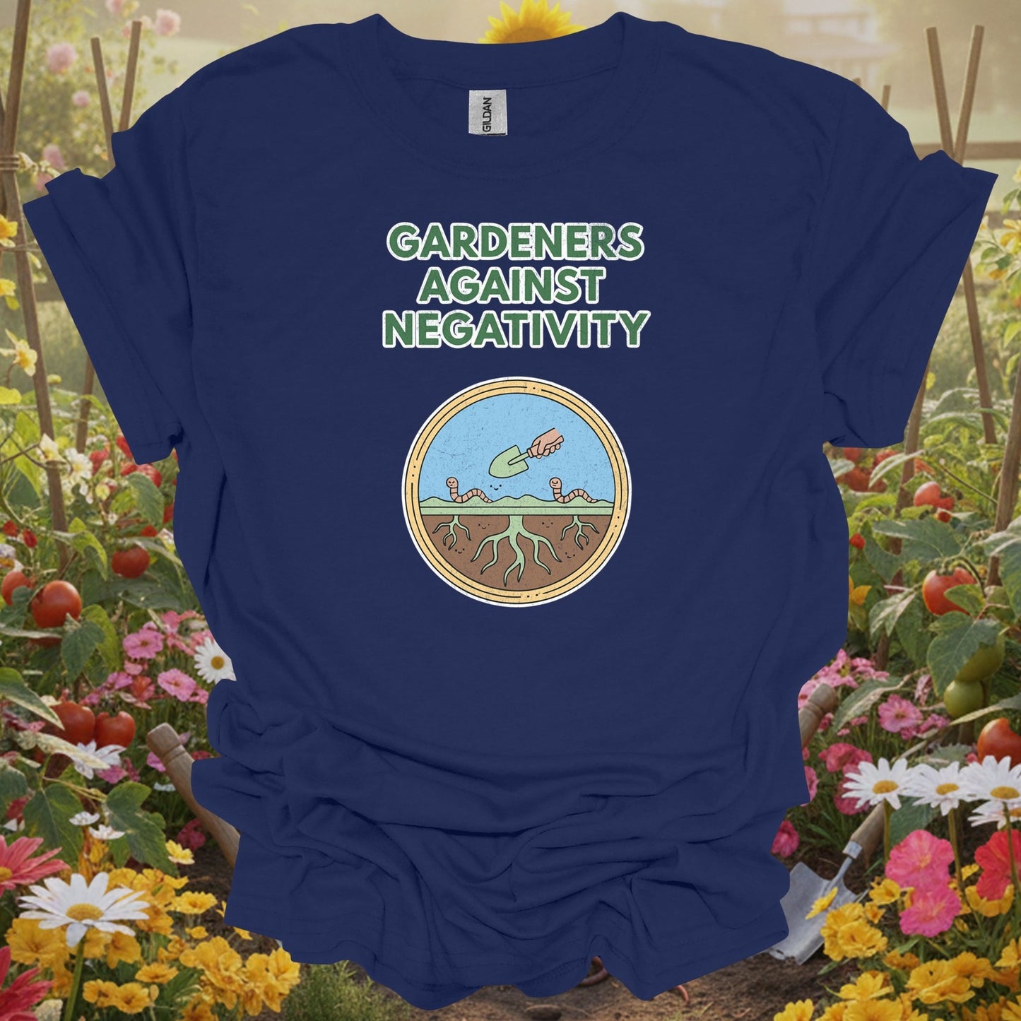 Navy top showing gardeners against negativity funny worm for green thumb folks