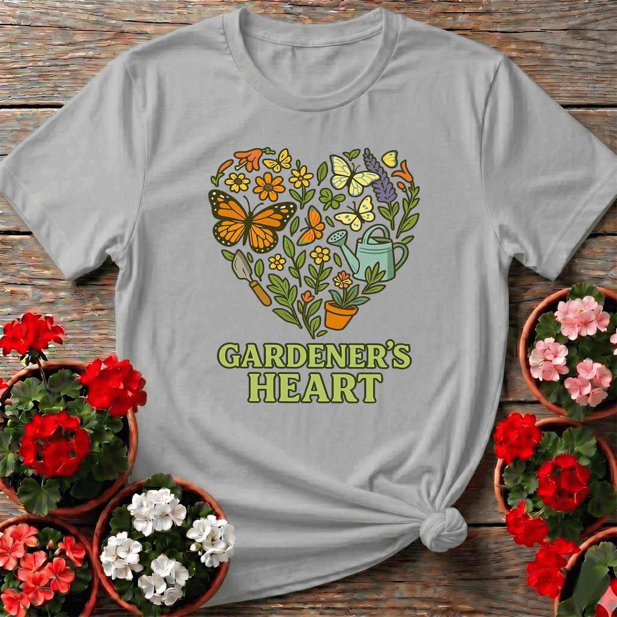 Gardeners Heart Butterfly Floral Wreath T-shirt - GardeningTshirts