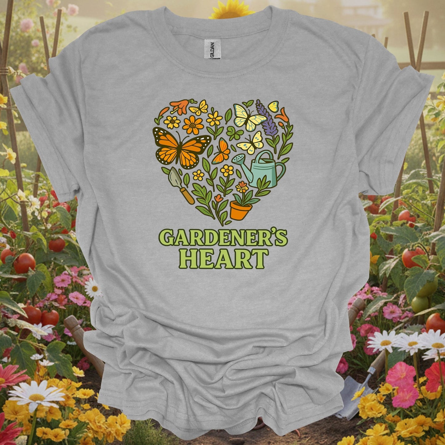 Sport Grey tshirt showing gardeners heart butterfly floral wreath for gardening enthusiasts