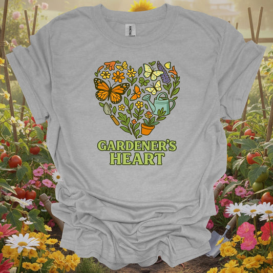 Sport Grey tshirt showing gardeners heart butterfly floral wreath for gardening enthusiasts