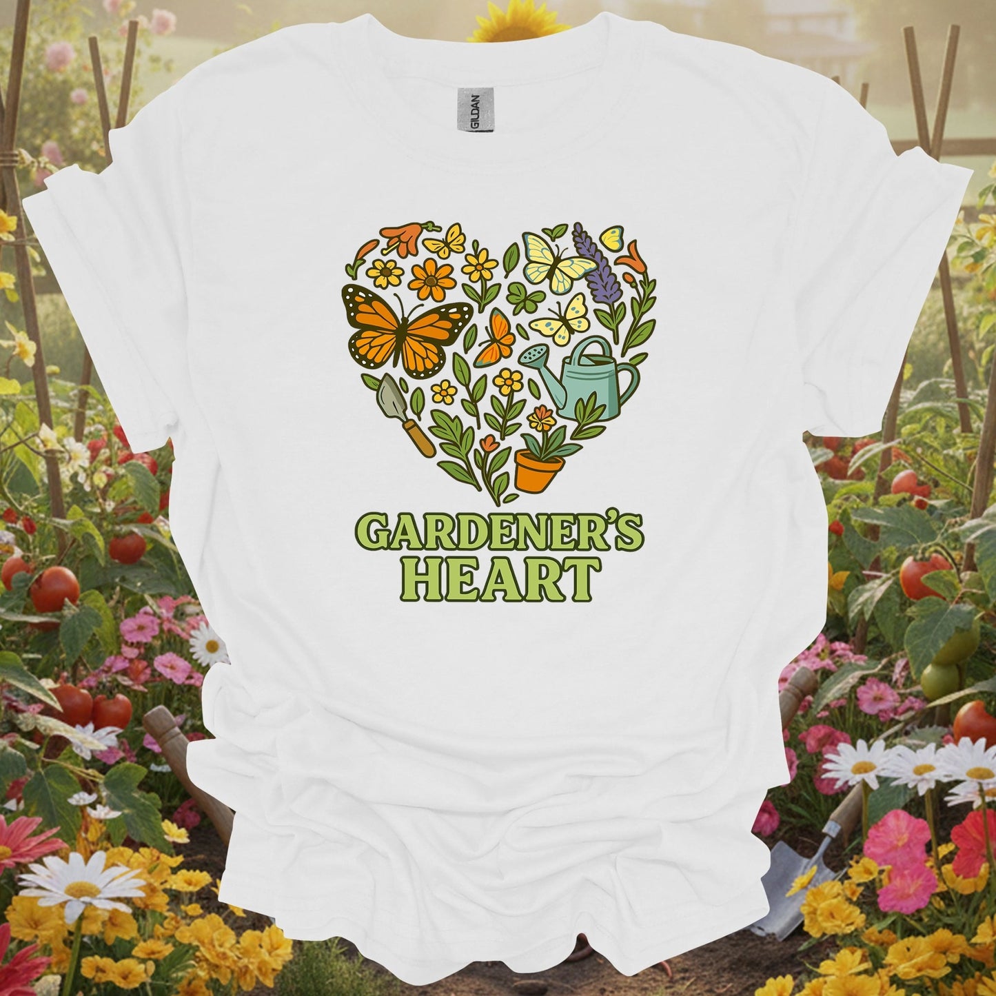 White tee showing gardeners heart butterfly floral wreath for garden hobbyists