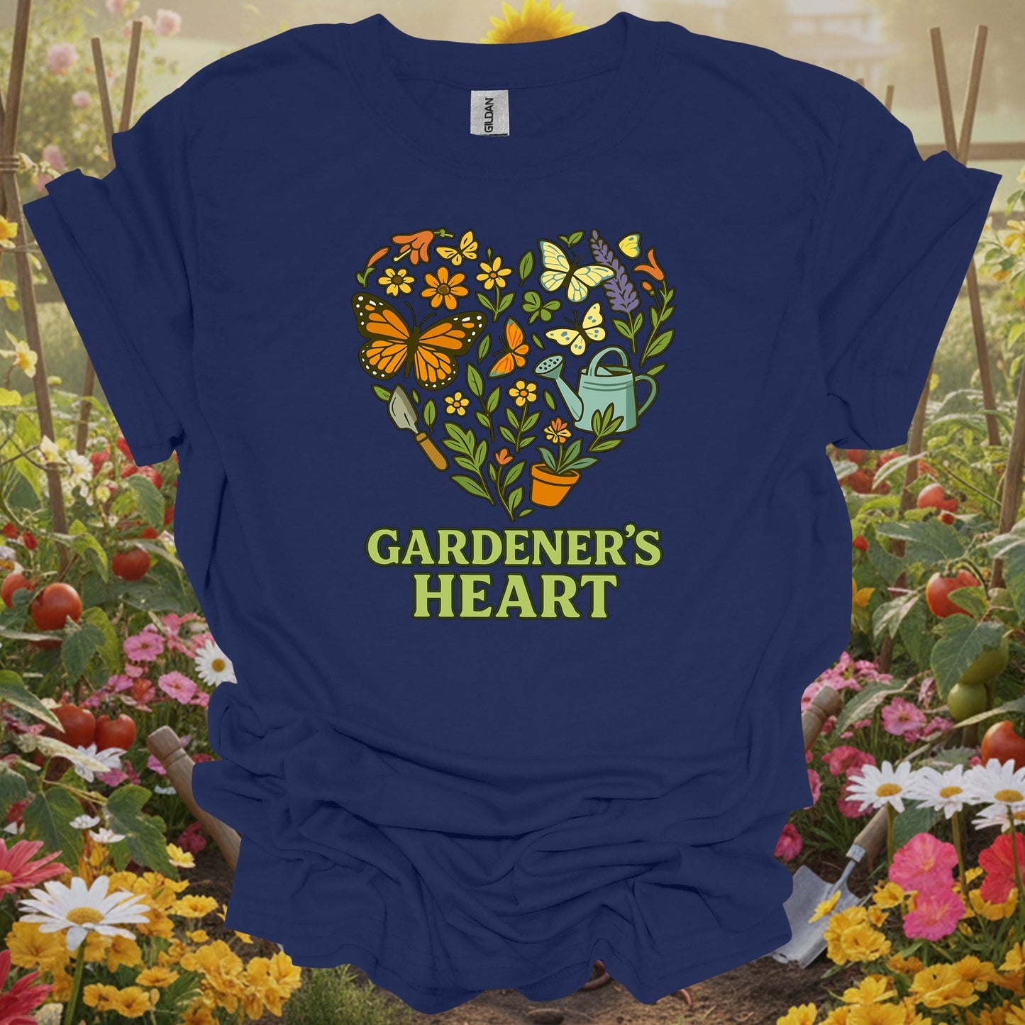 Navy top showing gardeners heart butterfly floral wreath for green thumb folks