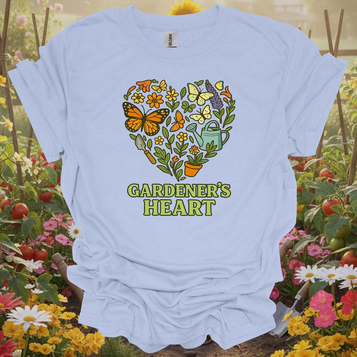 Light Blue shirt showing gardeners heart butterfly floral wreath for home gardeners