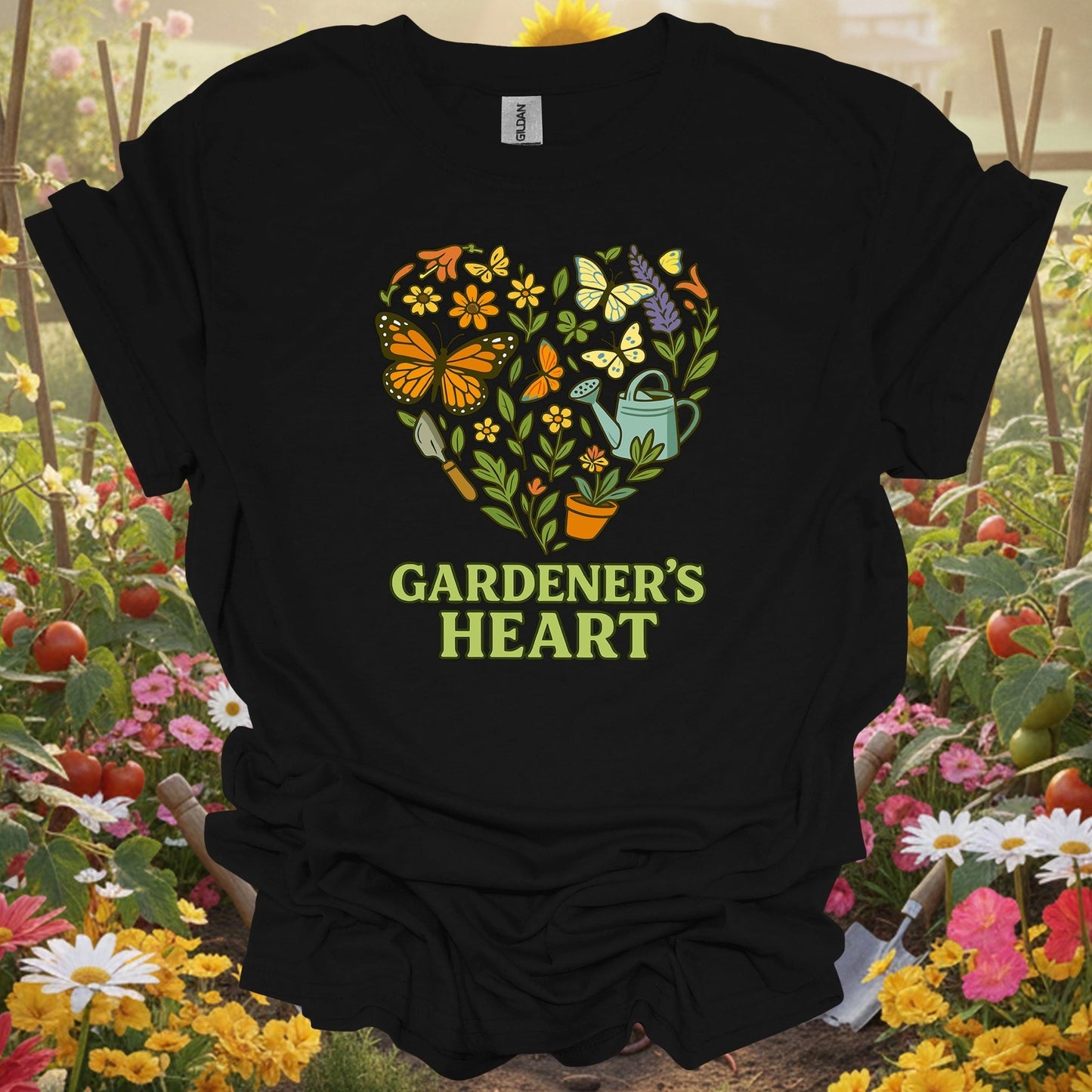 Black shirt showing gardeners heart butterfly floral wreath for outdoor enthusiasts