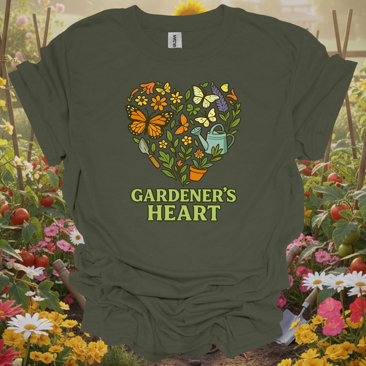 Military Green top showing gardeners heart butterfly floral wreath for nature lovers