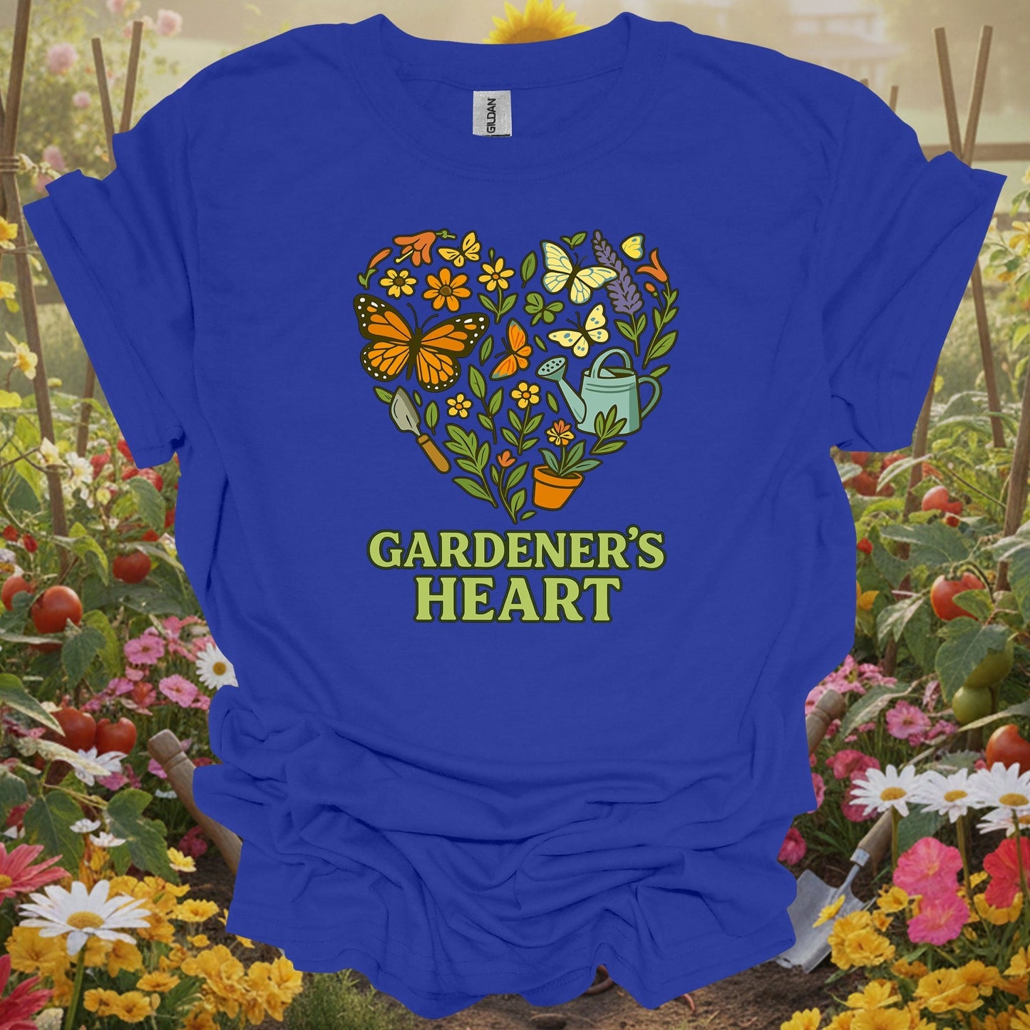 Royal tshirt showing gardeners heart butterfly floral wreath for backyard growers
