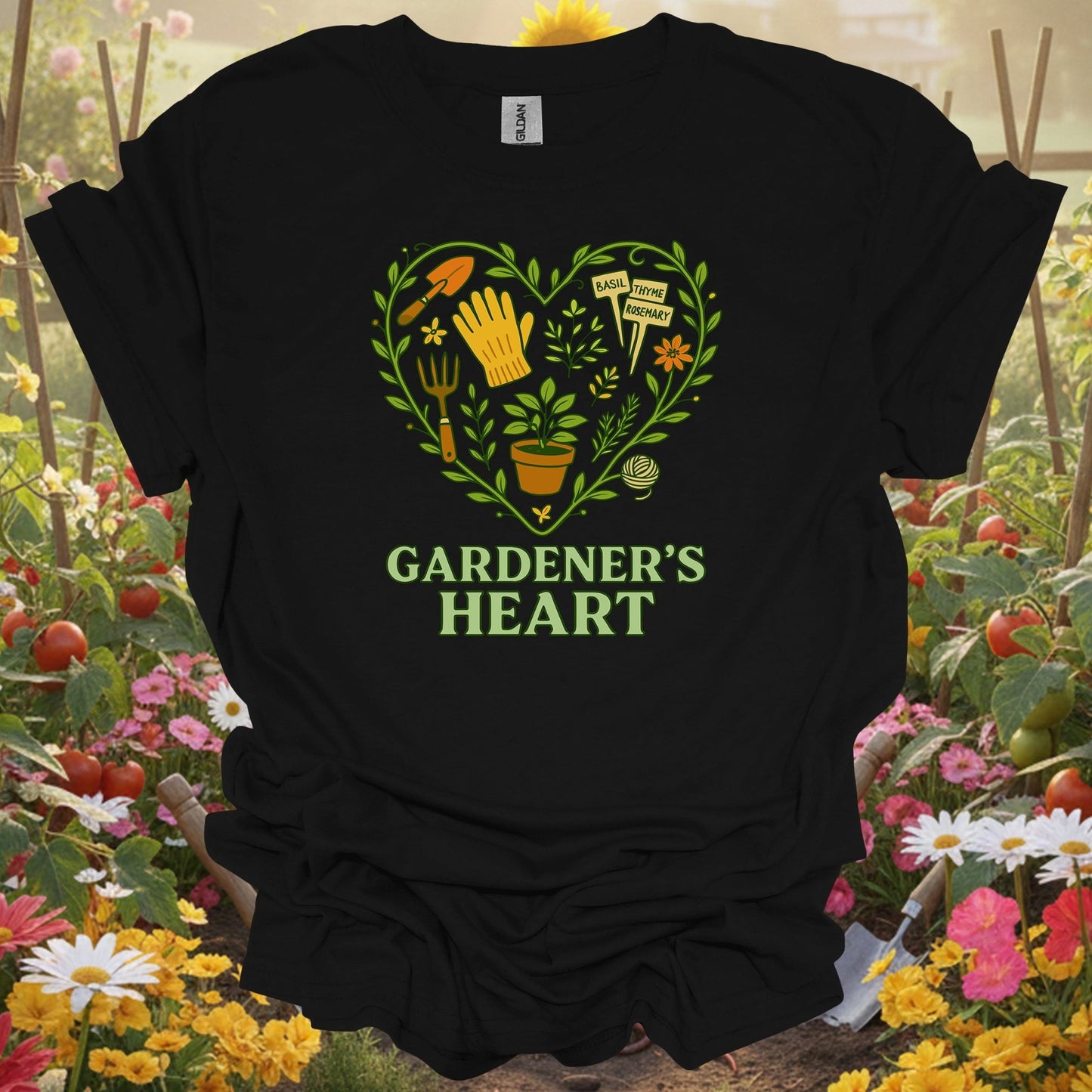 Black shirt showing gardener's heart herbal edition tool for outdoor enthusiasts
