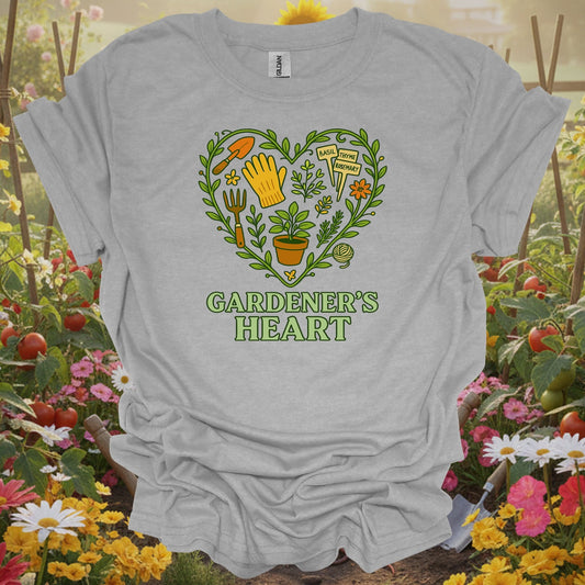 Sport Grey tshirt showing gardener's heart herbal edition tool for gardening enthusiasts