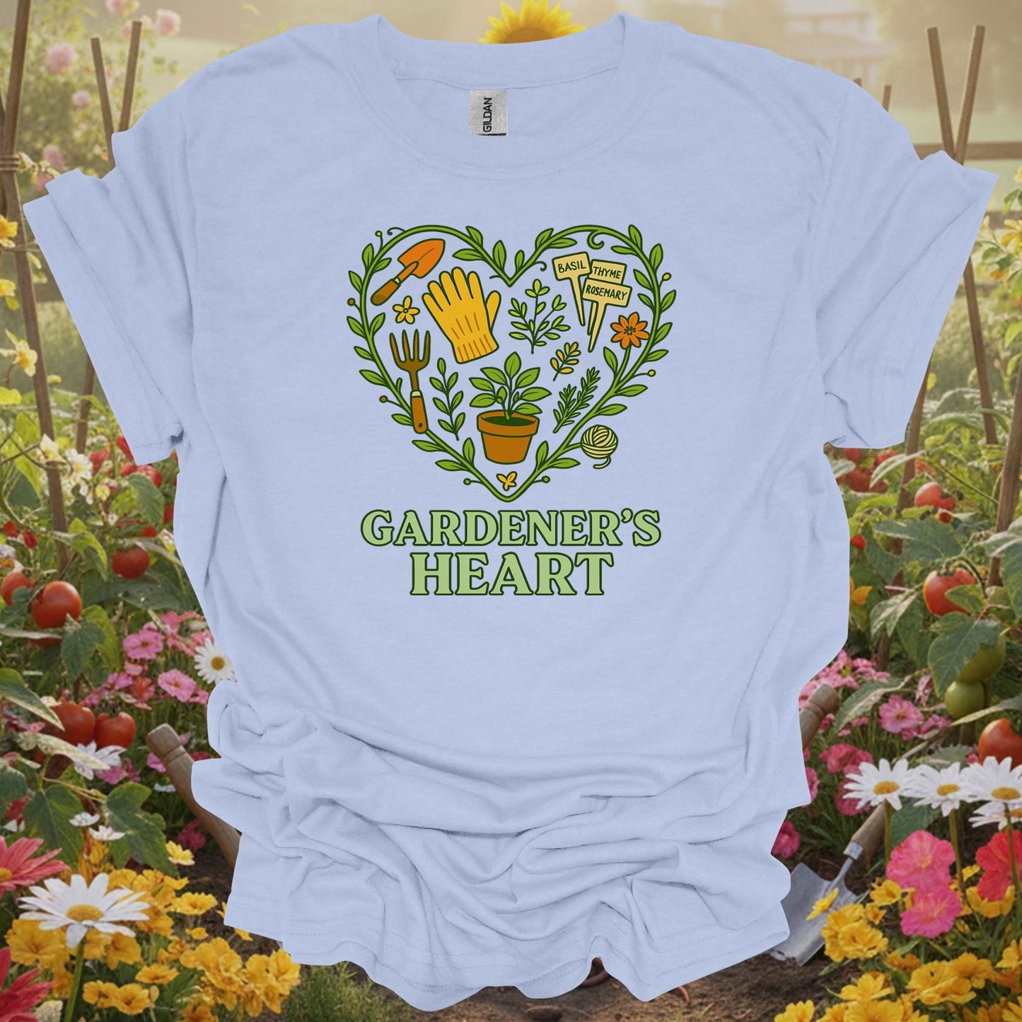 Light Blue shirt showing gardener's heart herbal edition tool for home gardeners