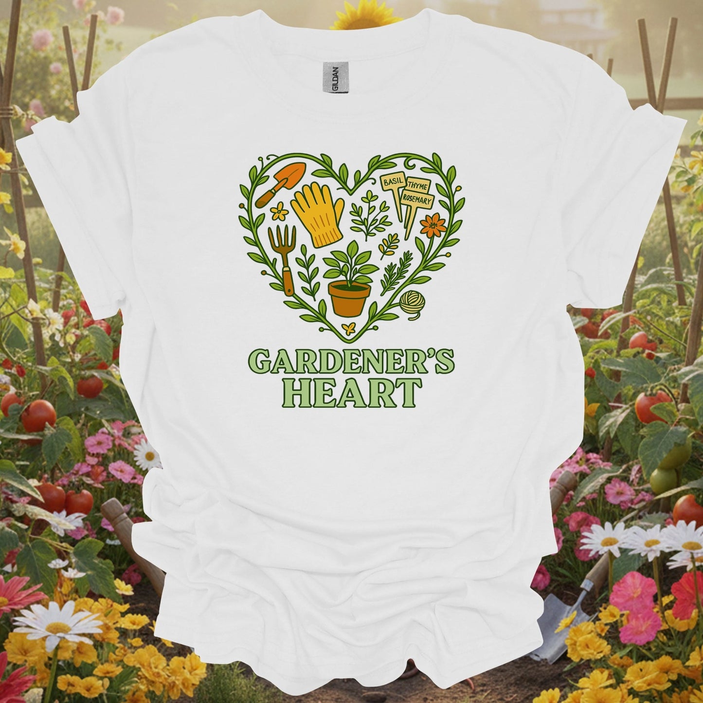 White tshirt showing heart made of herbal garden tools design for herb gardeners