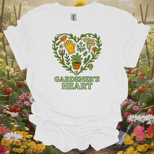 White tshirt showing heart made of herbal garden tools design for herb gardeners