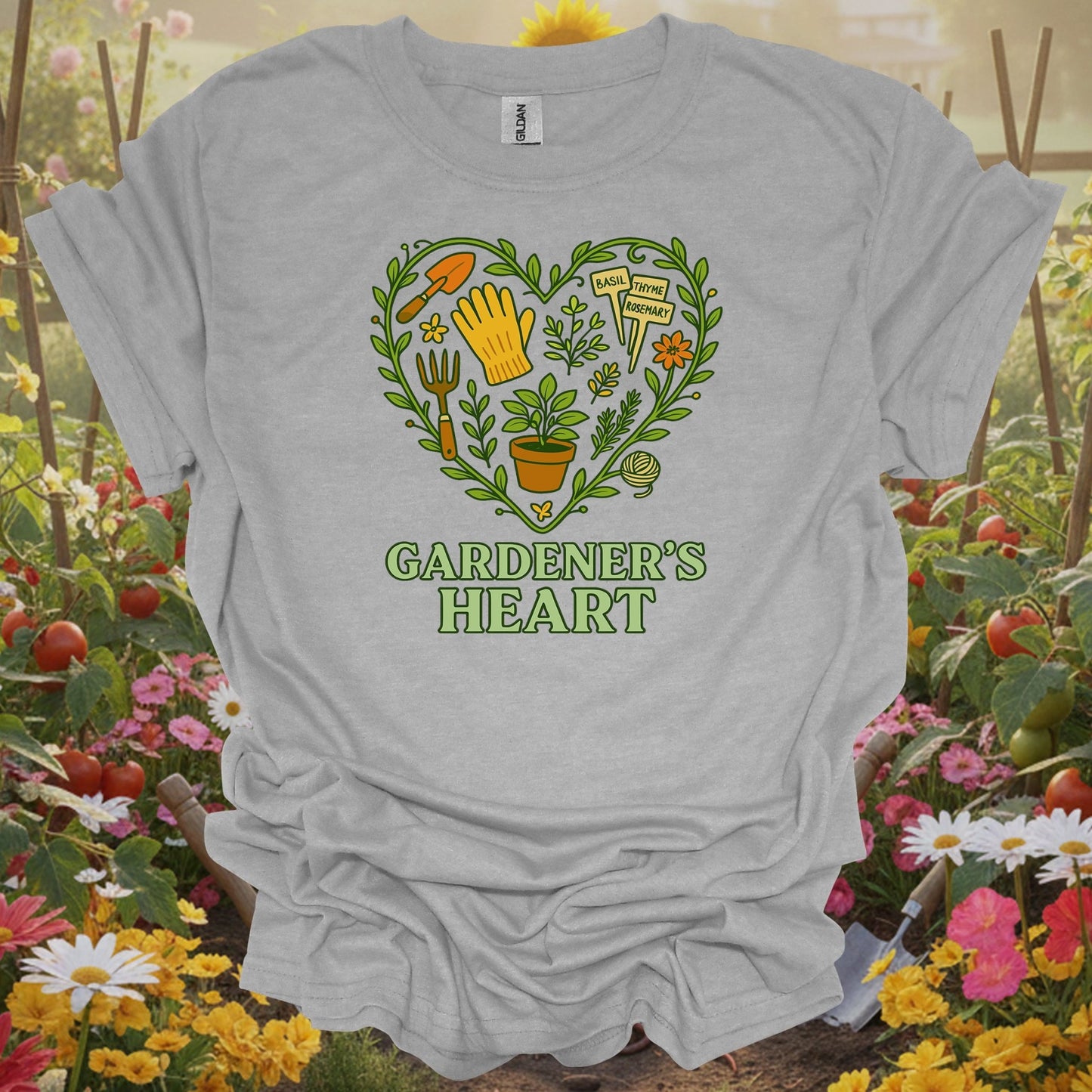 Sport Grey tee showing heart made of herbal garden tools design for folks devoted to herbs