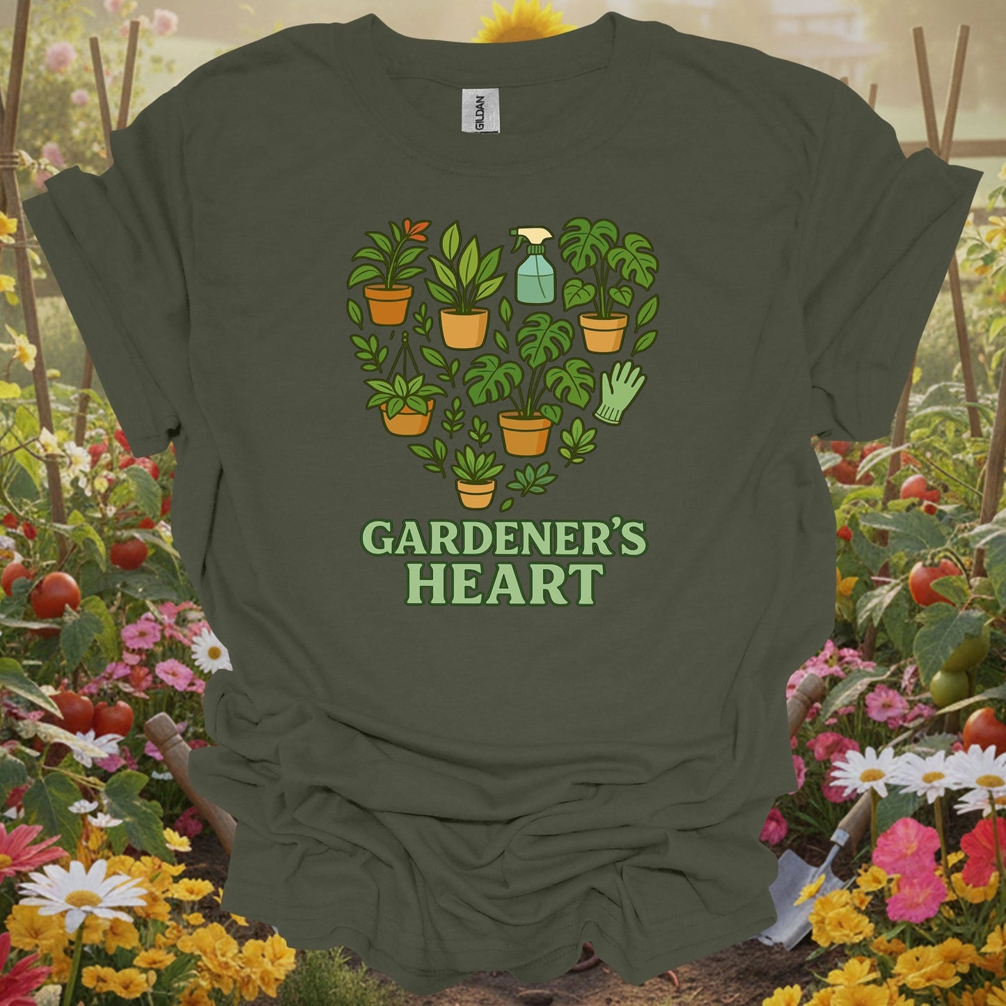 Military Green top showing gardener's heart houseplant edition monstera for nature lovers