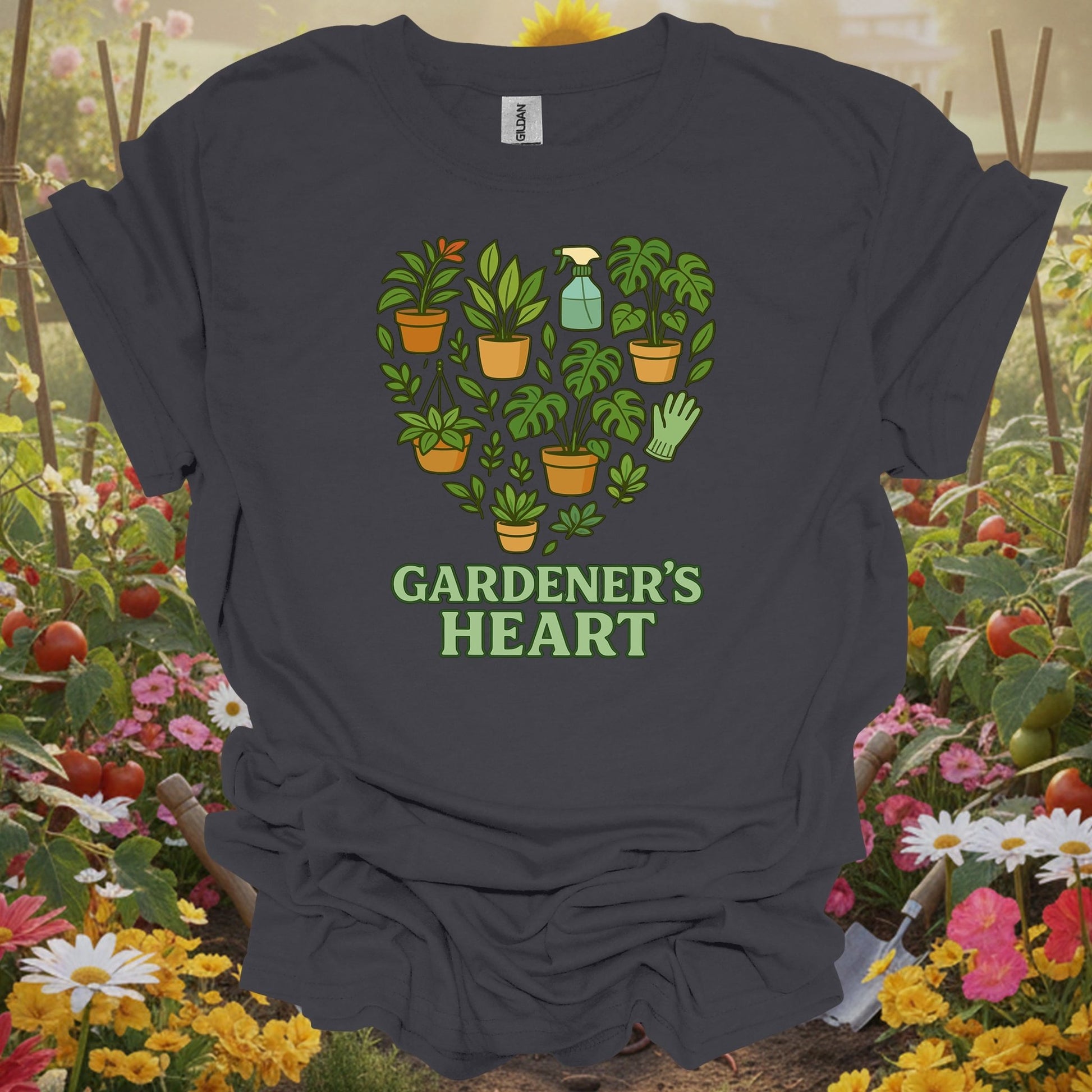 Charcoal tee showing gardener's heart houseplant edition monstera for plant lovers