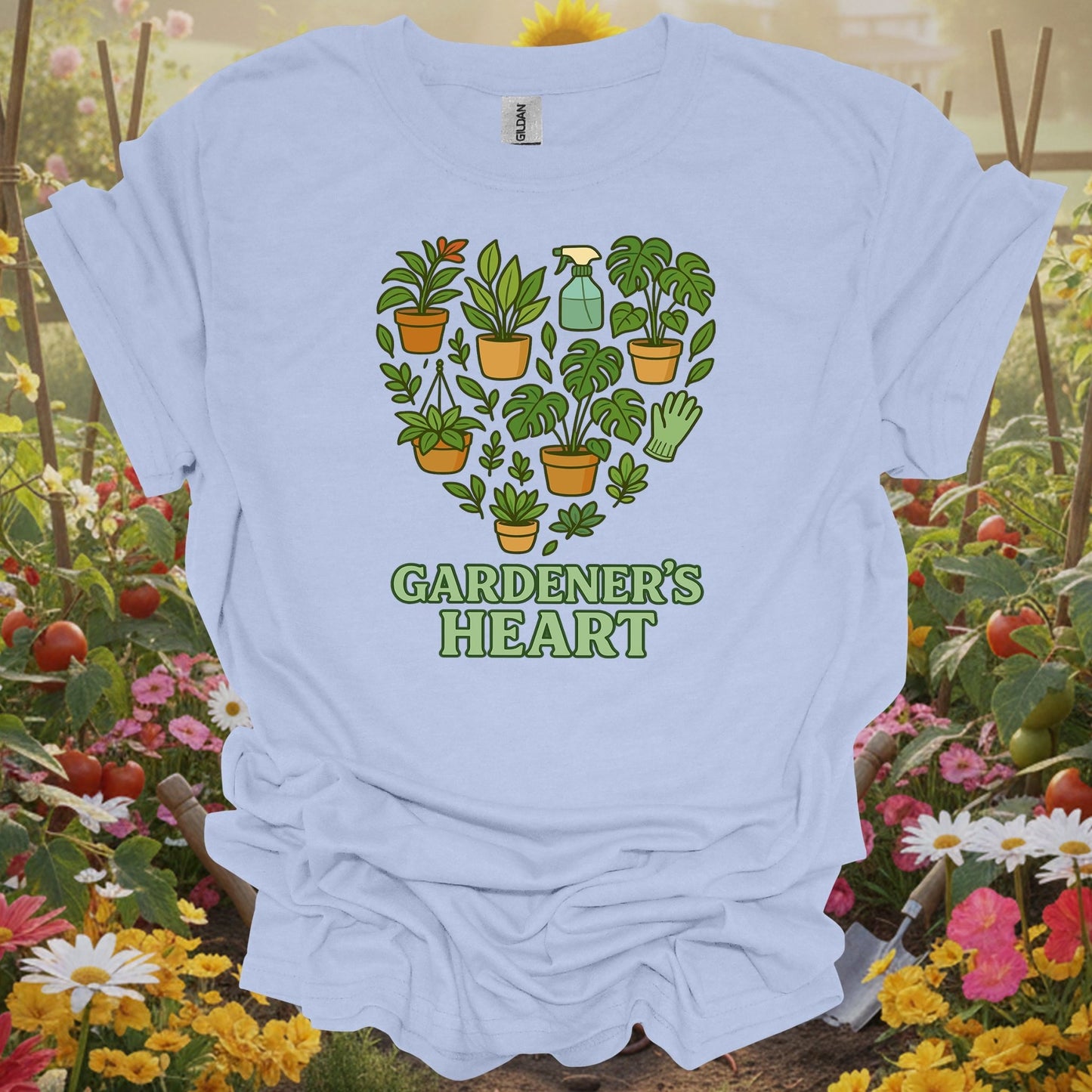 Light Blue shirt showing gardener's heart houseplant edition monstera for home gardeners