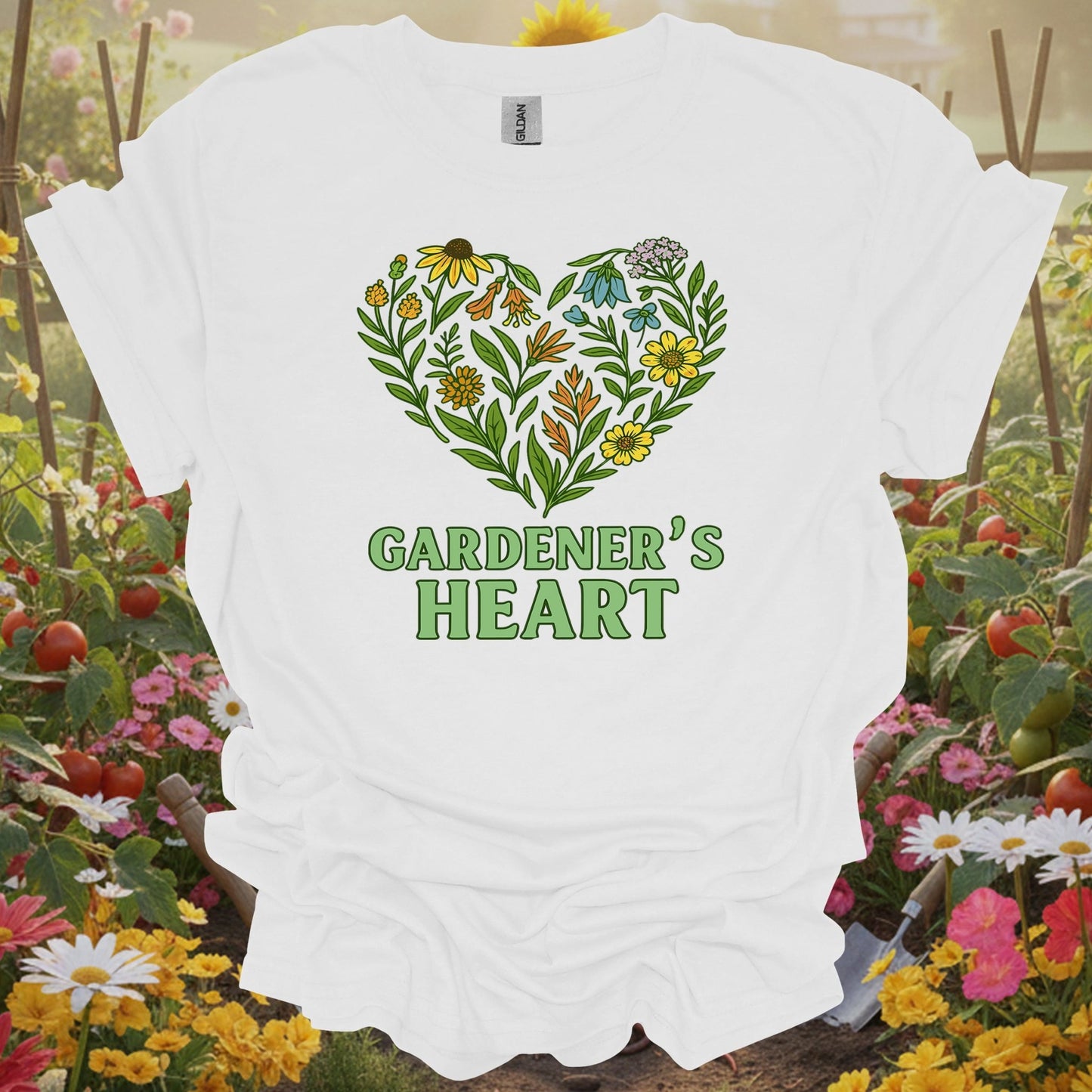 White shirt showing gardener's heart native wildflower love for outdoor enthusiasts