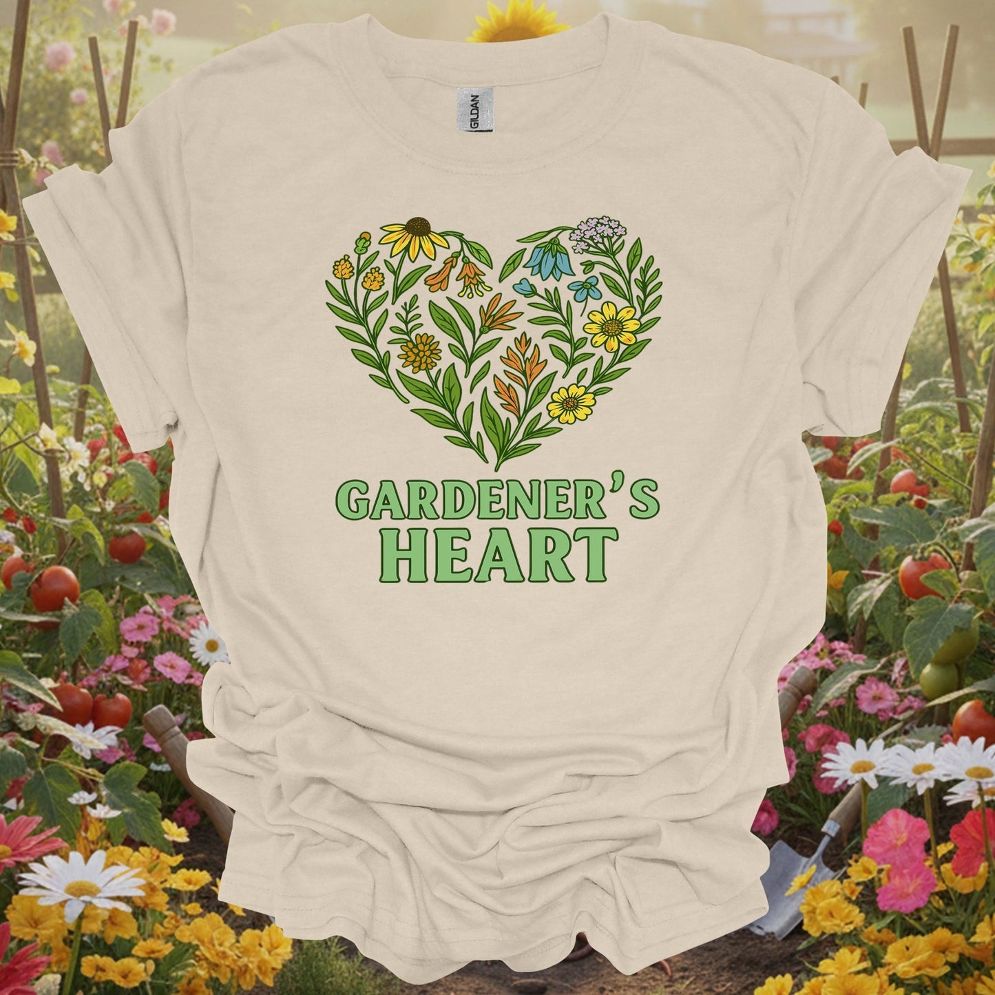 Natural tshirt showing gardener's heart native wildflower love for gardening enthusiasts