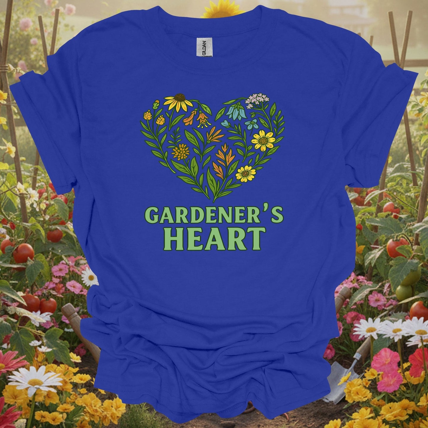 Royal tshirt showing gardener's heart native wildflower love for backyard growers