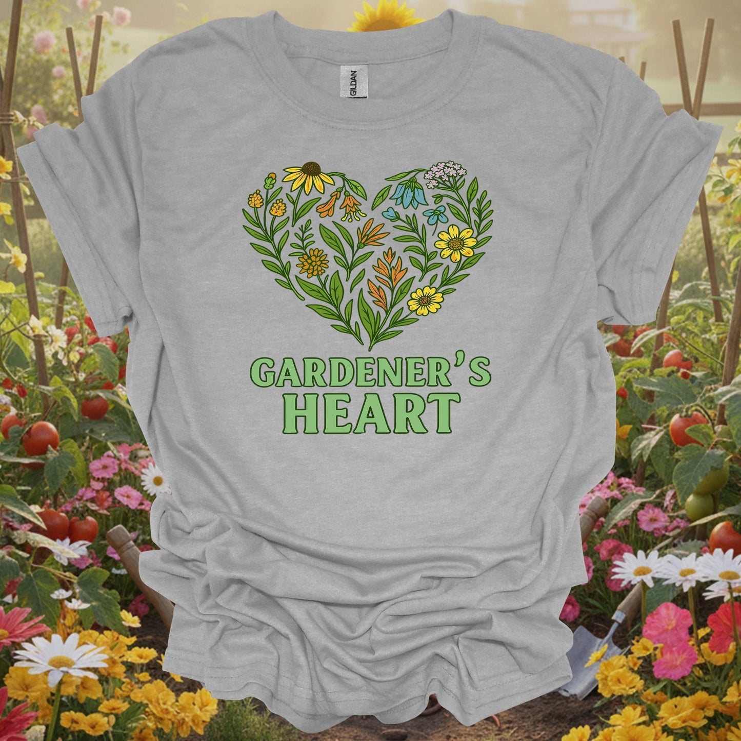 Sport Grey tee showing gardener's heart native wildflower love for garden hobbyists