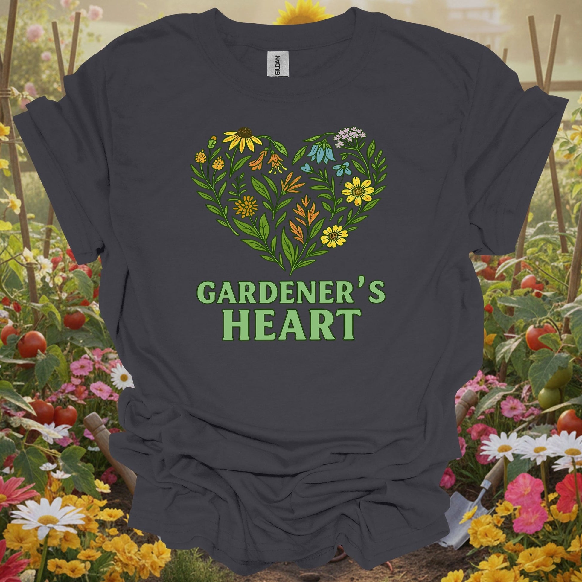 Charcoal tee showing gardener's heart native wildflower love for plant lovers