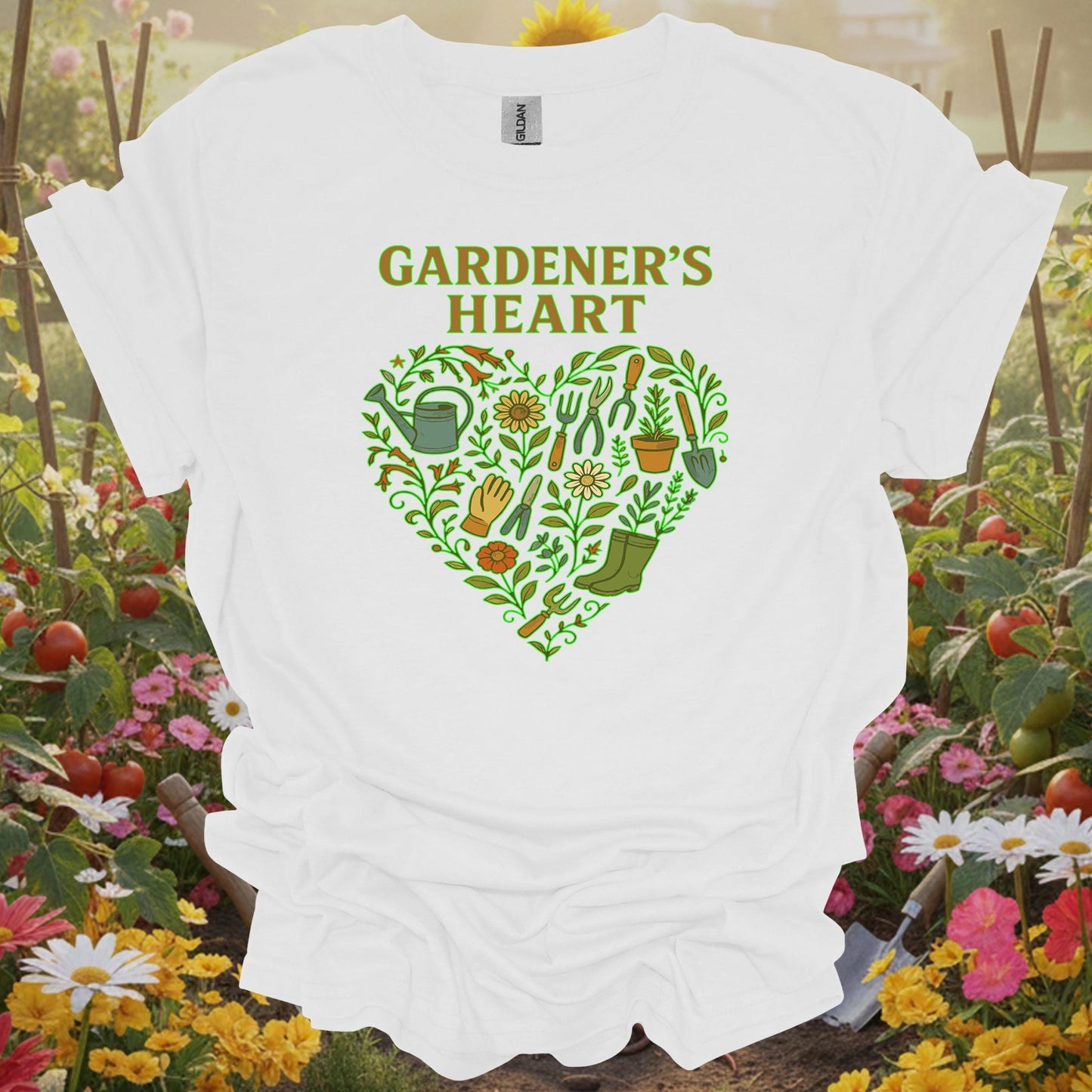 White tee showing gardeners heart retro tools and flowers heart for garden hobbyists