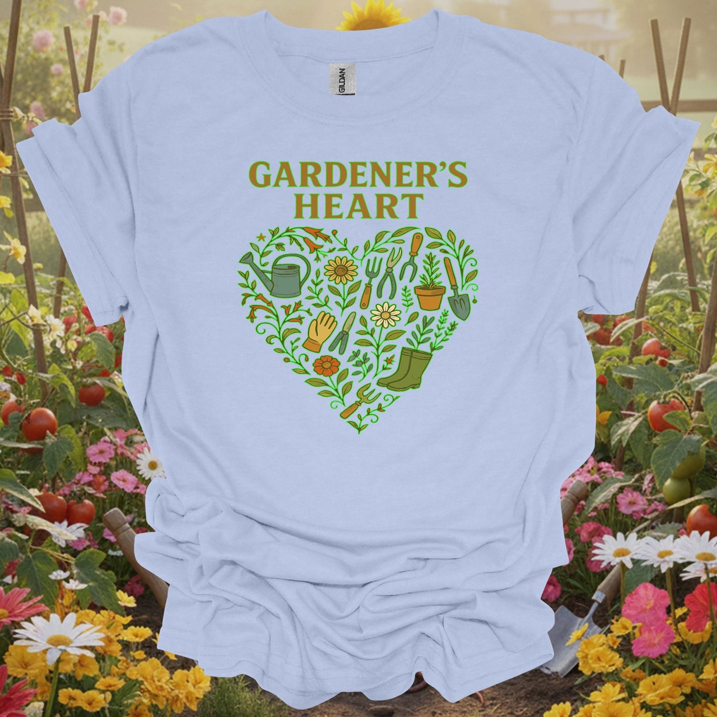 Light Blue tee showing gardeners heart retro tools and flowers heart for plant lovers