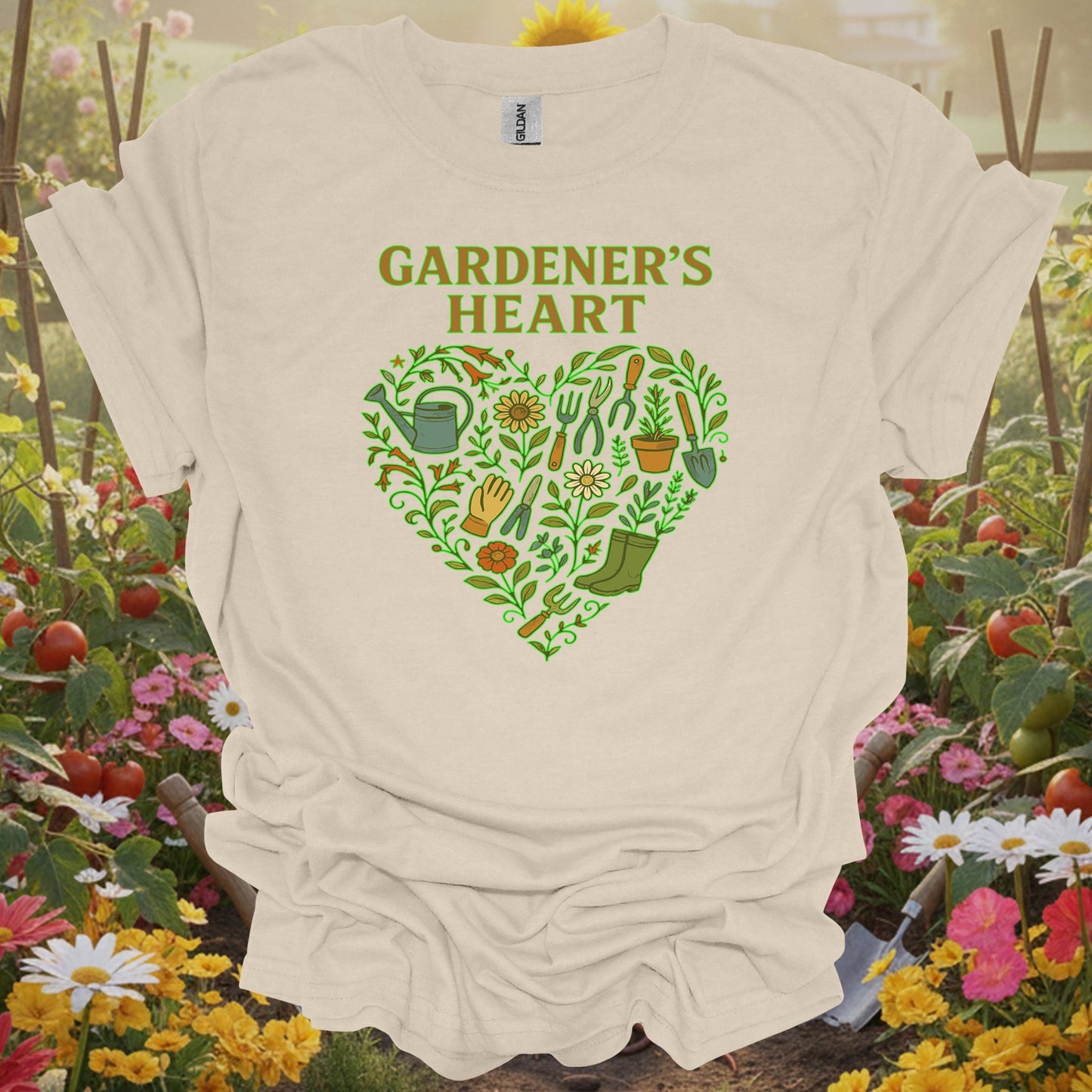 Natural tshirt showing gardeners heart retro tools and flowers heart for people who love plants