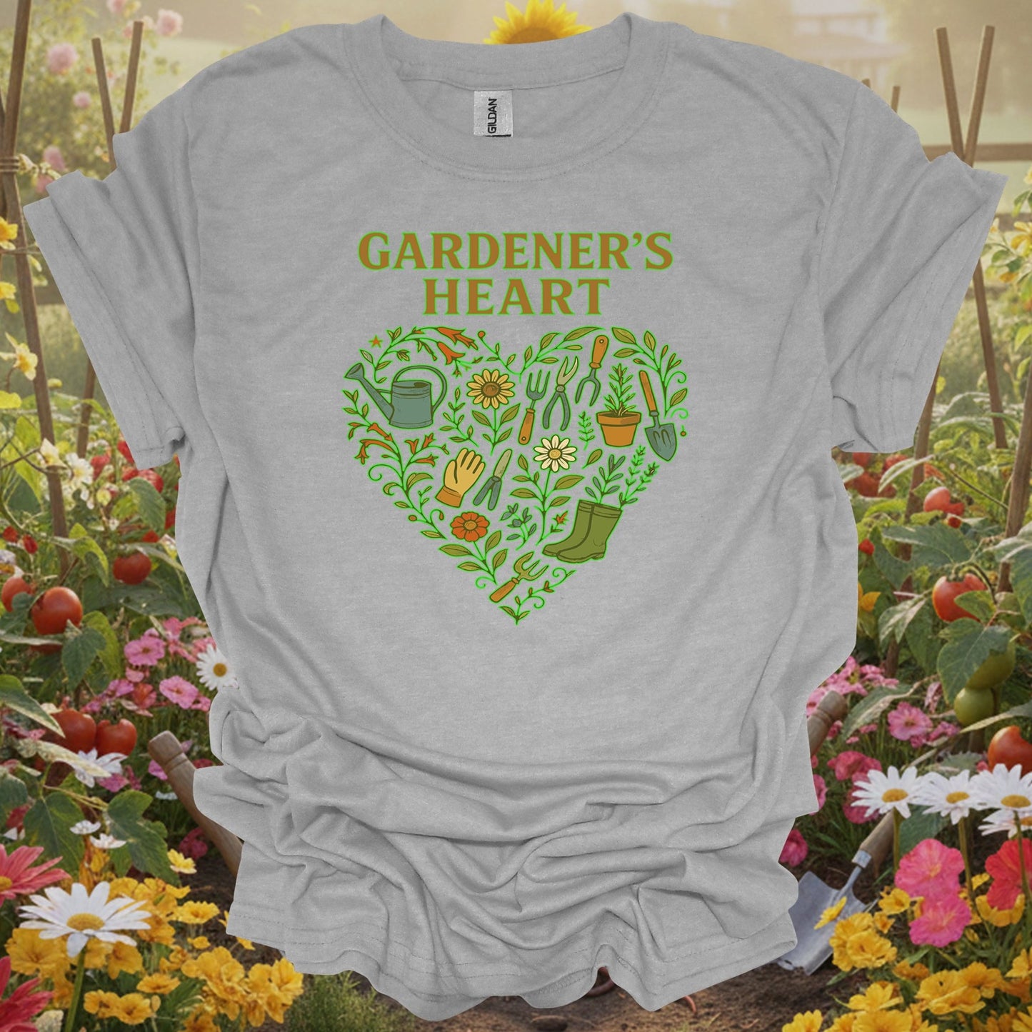 Sport Grey tshirt showing gardeners heart retro tools and flowers heart for backyard growers