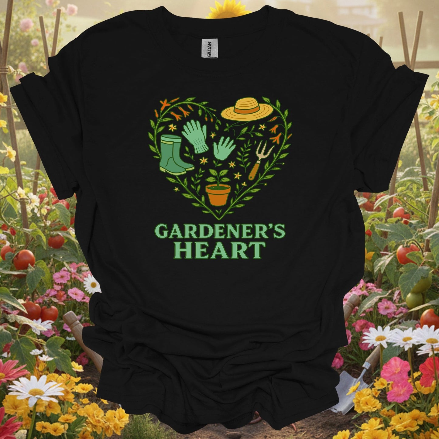 Black tshirt showing a classic pair of boots and essential tools arranged in a symbol of affection for the earth for beautifiers creating floral displays