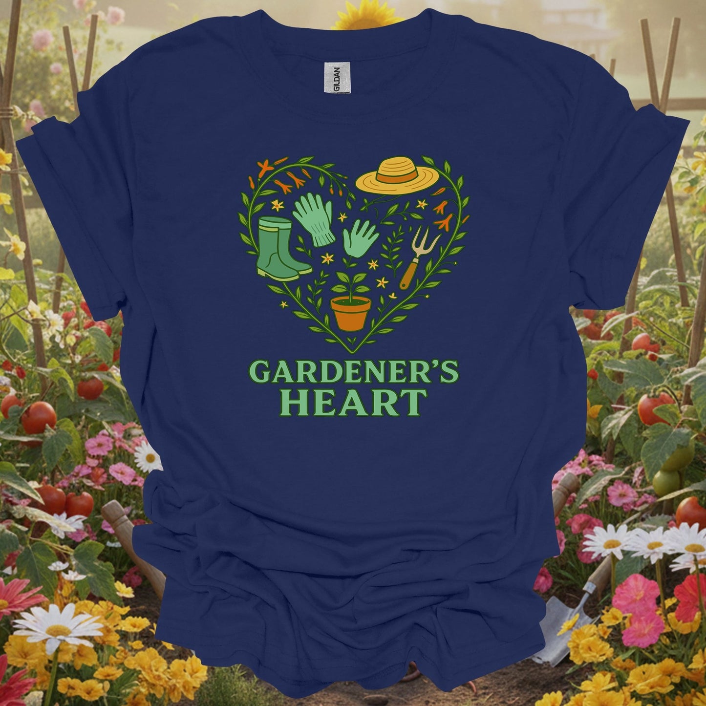 Navy  tshirt showing a classic pair of boots and essential tools arranged in a symbol of affection for the earth for beautifiers creating floral displays