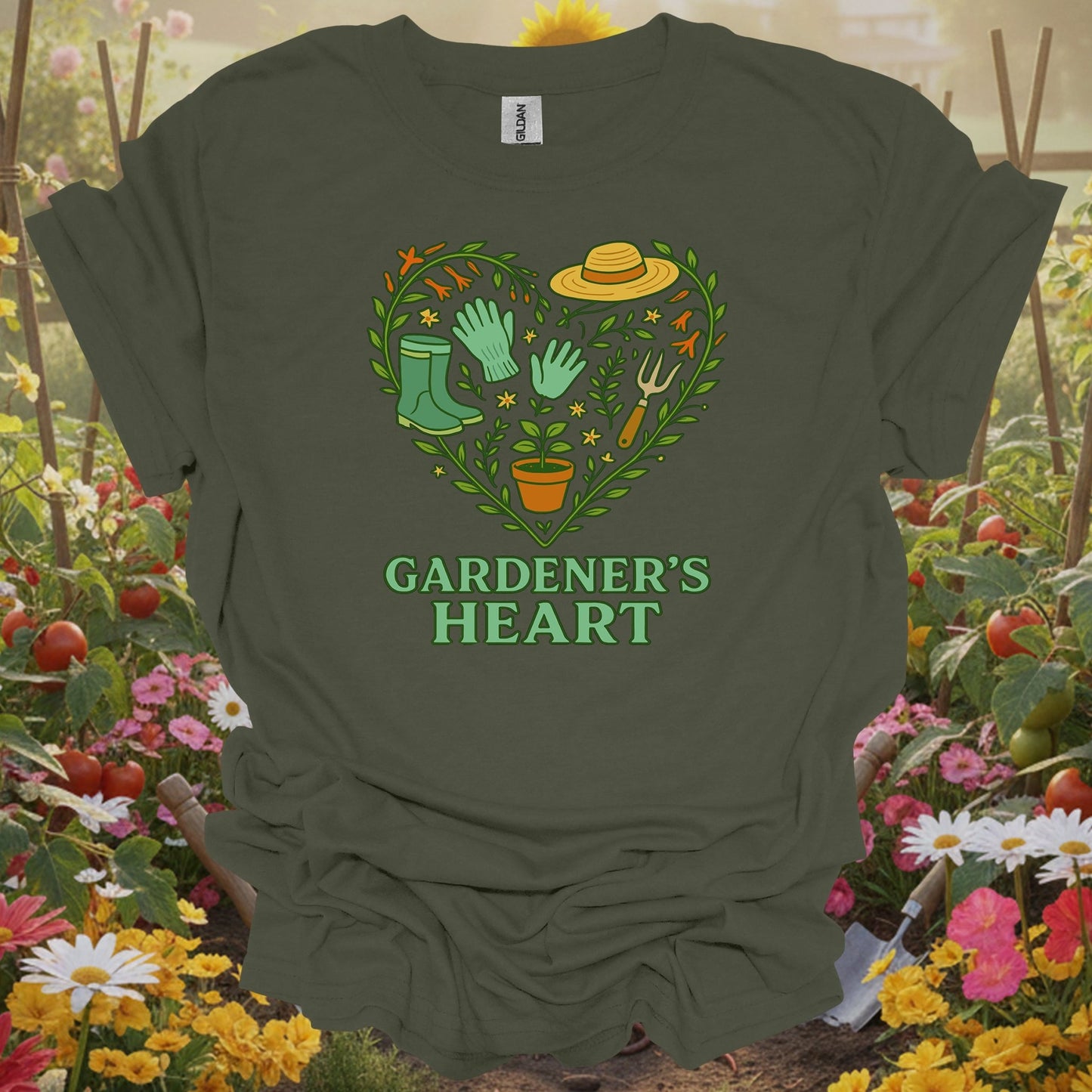 Military green tshirt showing a classic pair of boots and essential tools arranged in a symbol of affection for the earth for beautifiers creating floral displays