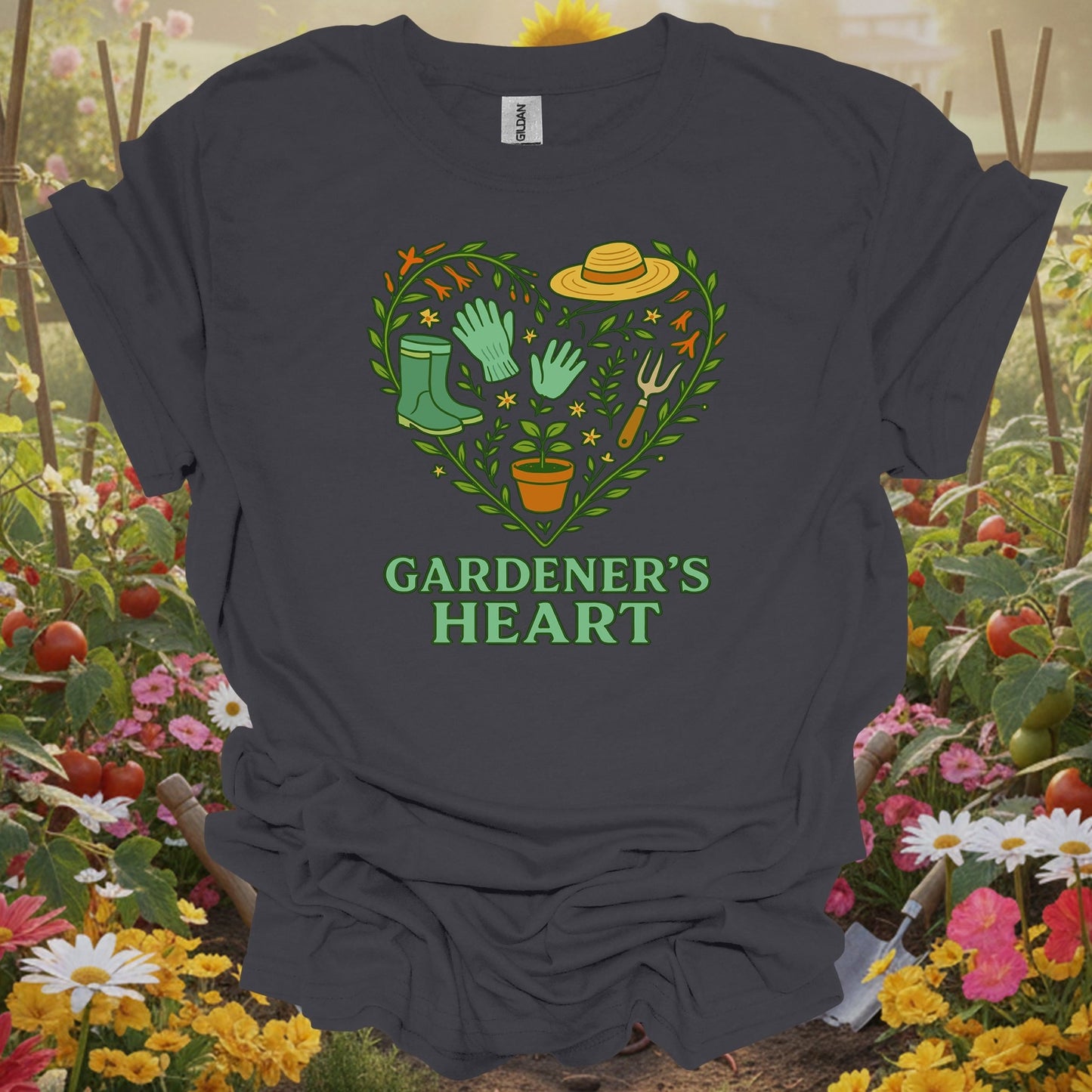 Charcoal tshirt showing a classic pair of boots and essential tools arranged in a symbol of affection for the earth for beautifiers creating floral displays