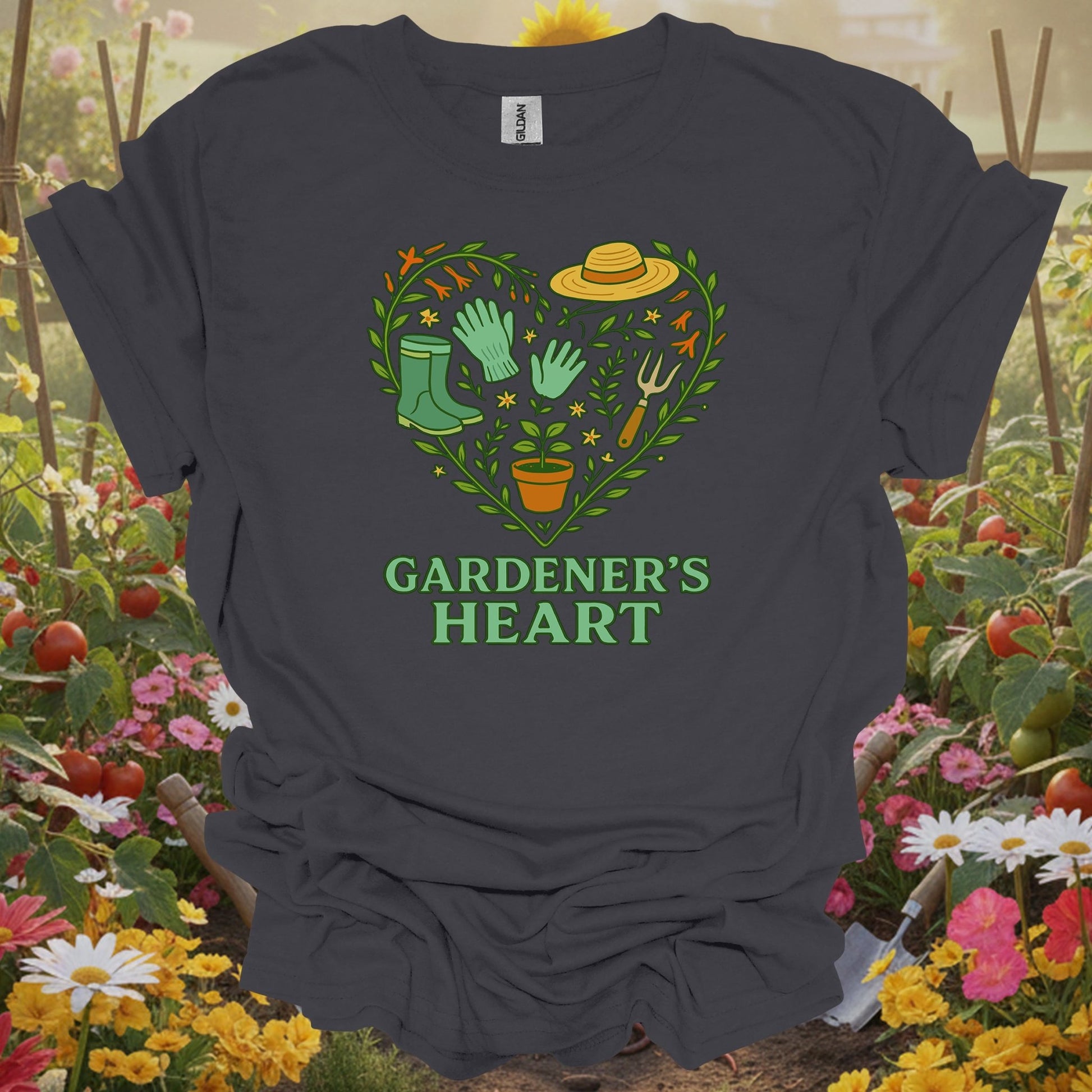 Charcoal tshirt showing a classic pair of boots and essential tools arranged in a symbol of affection for the earth for beautifiers creating floral displays
