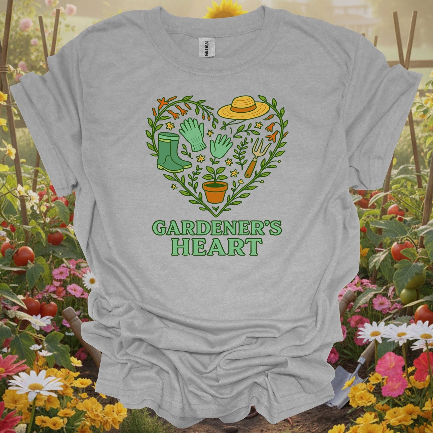 Sport gray tshirt showing a classic pair of boots and essential tools arranged in a symbol of affection for the earth for beautifiers creating floral displays