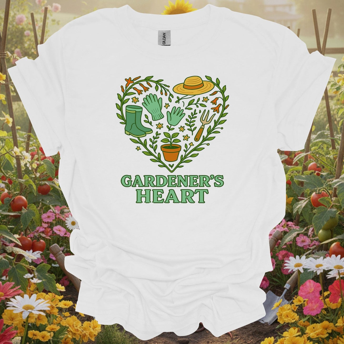 White tshirt showing a classic pair of boots and essential tools arranged in a symbol of affection for the earth for beautifiers creating floral displays