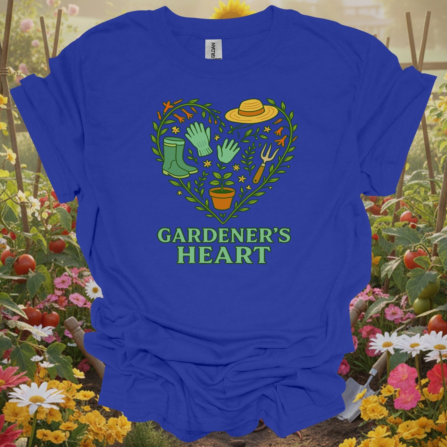 Royal tshirt showing a classic pair of boots and essential tools arranged in a symbol of affection for the earth for beautifiers creating floral displays